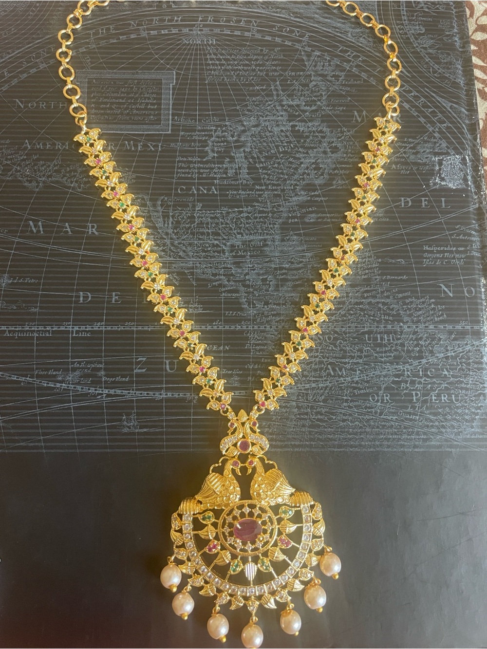 Gold-Tone Pearl Drop Traditional Pendant Necklace - Pink & Green Accents